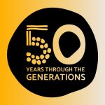 Gold background and an emblem reading 50 yers through the generations.
